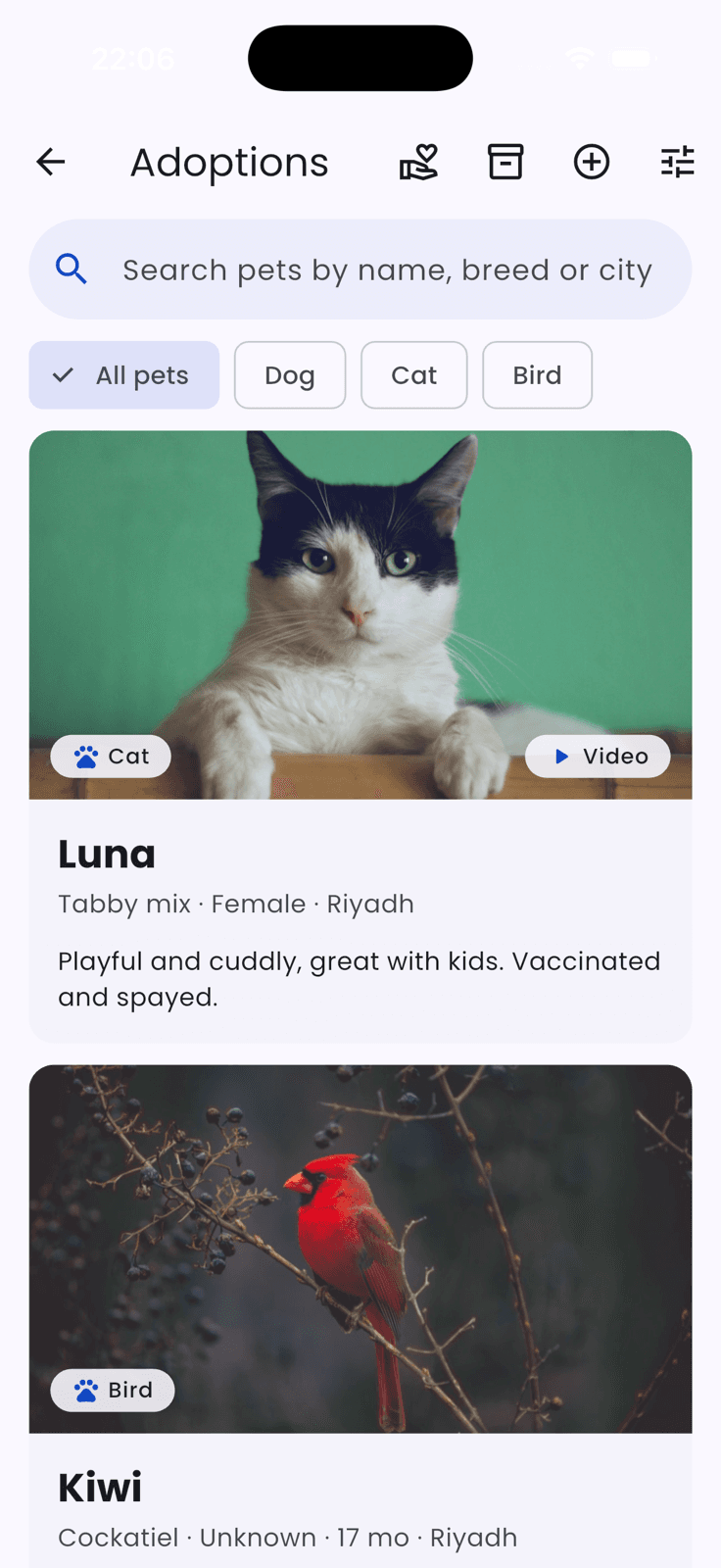 Barkiva mobile app adoption screen