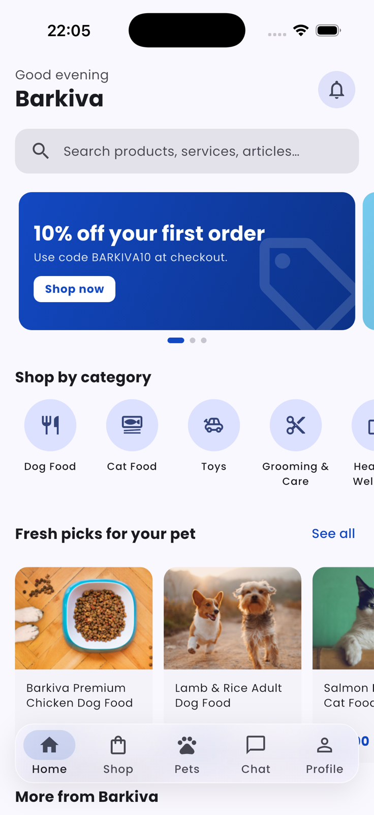 Barkiva app home screen showing pet shopping and care tools