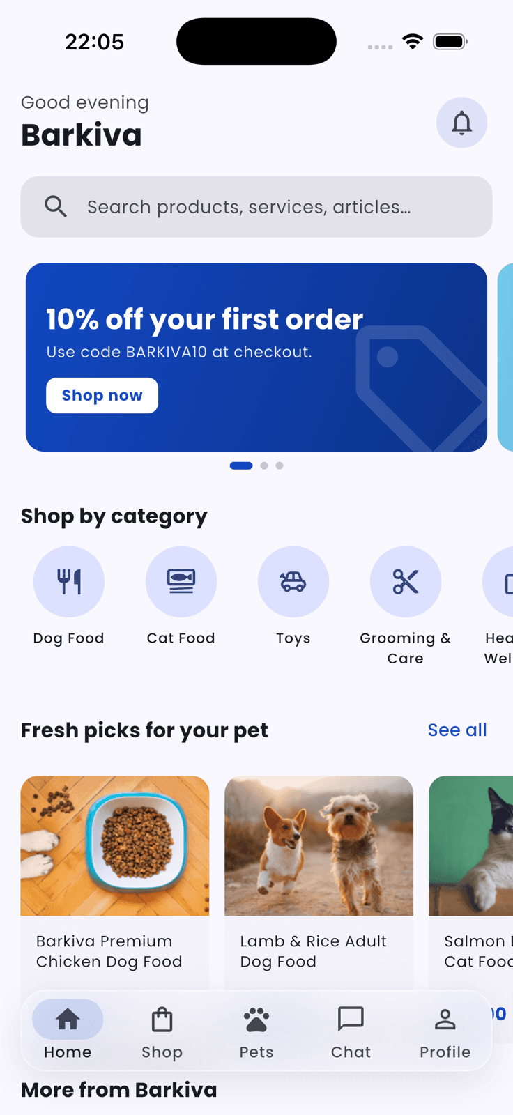 Barkiva app home screen showing pet shopping and care tools